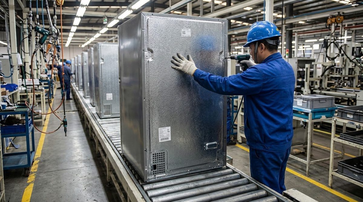 Refrigerator back panel being fitted on the final assembly line