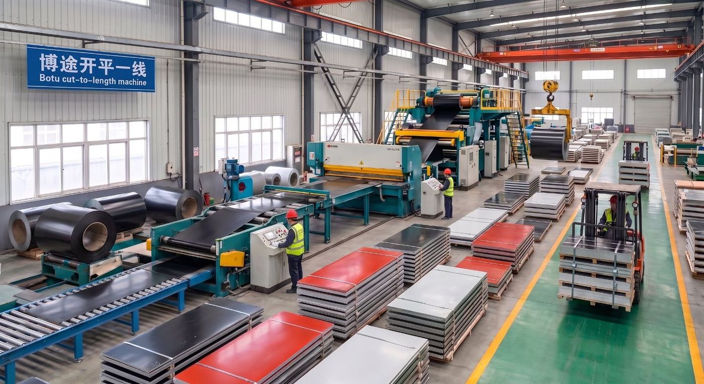 Cut-to-length coated steel sheets stacked at Botu workshop